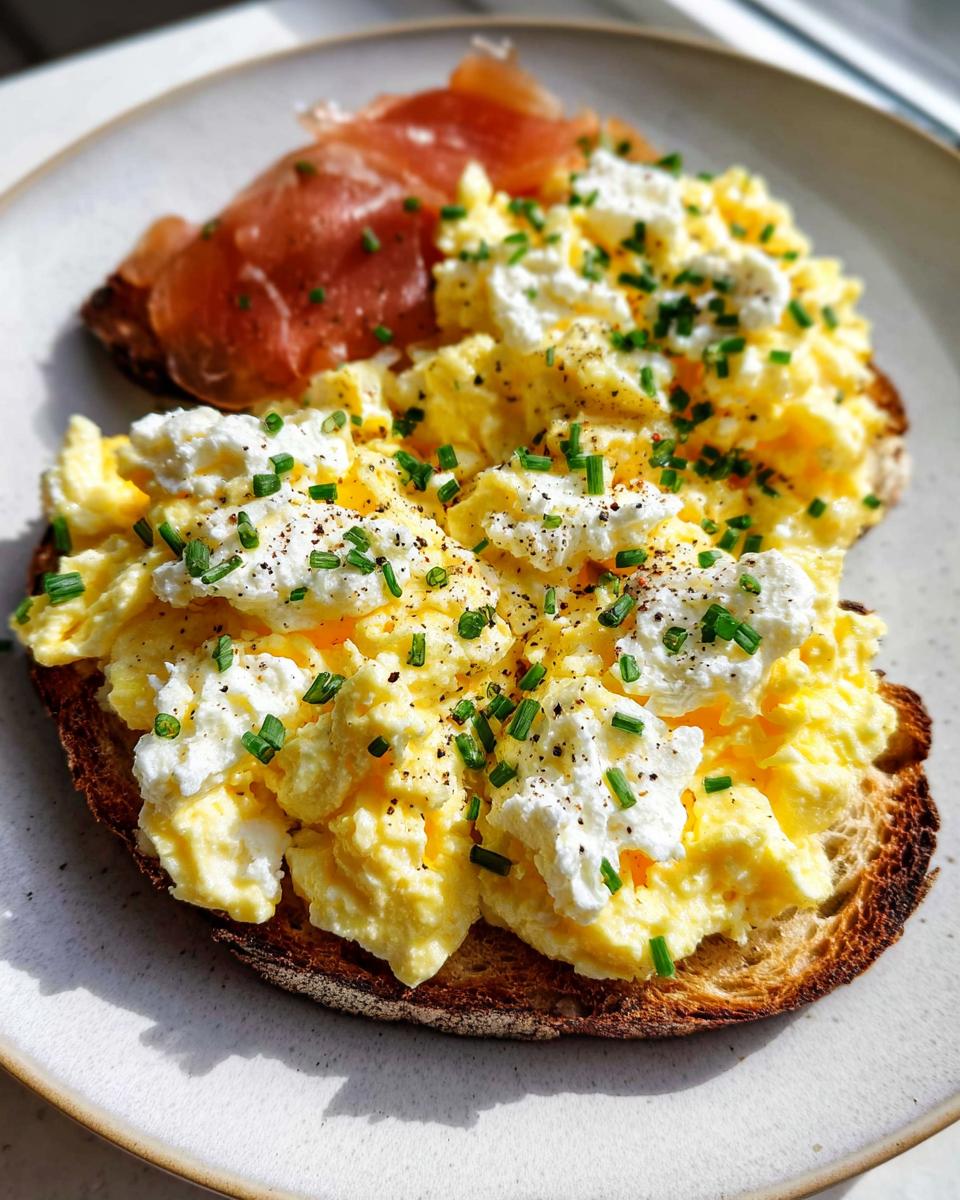Close-up of Creamy Ricotta Egg Toast topped with scrambled eggs, ricotta cheese, chives, and prosciutto.