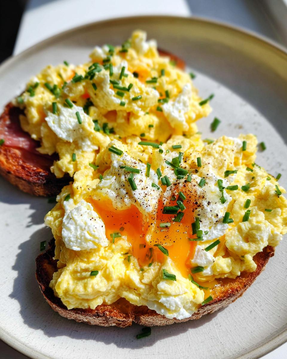 Two slices of Creamy Ricotta Egg Toast topped with fluffy scrambled eggs, ricotta cheese, and fresh chives.
