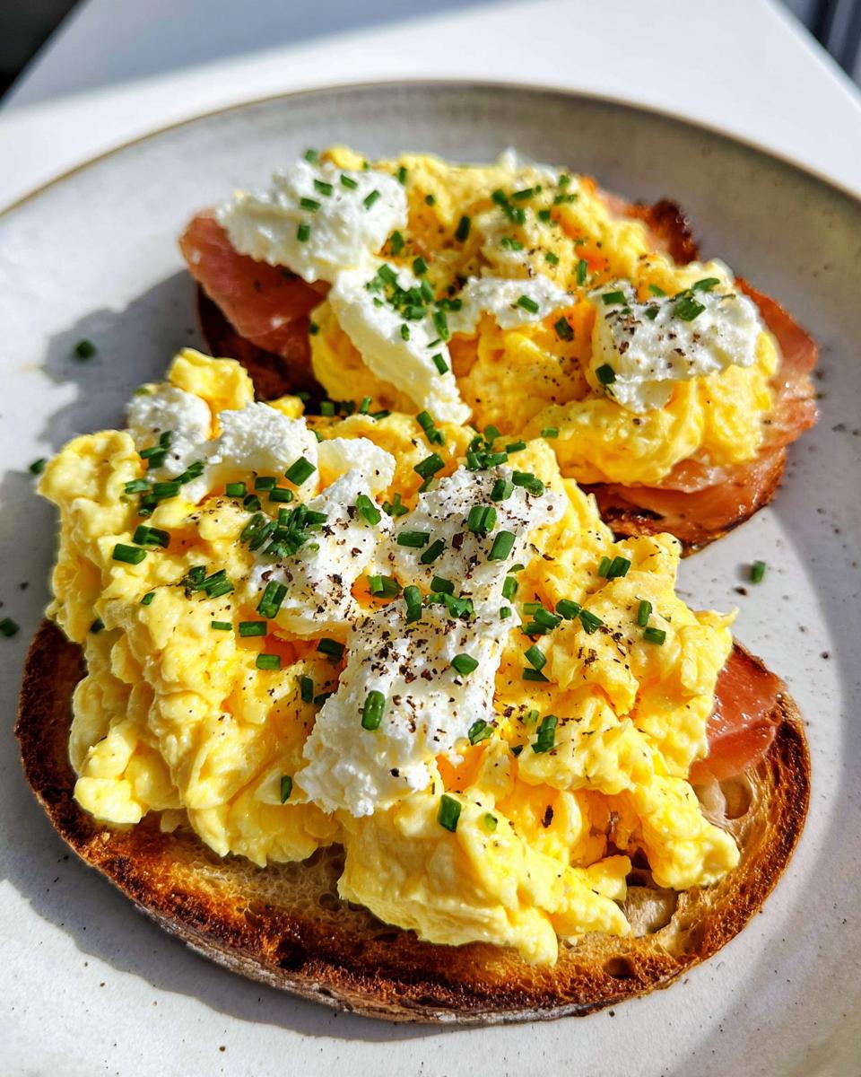 Two slices of Creamy Ricotta Egg Toast topped with fluffy scrambled eggs, dollops of ricotta, ham, and fresh chives.