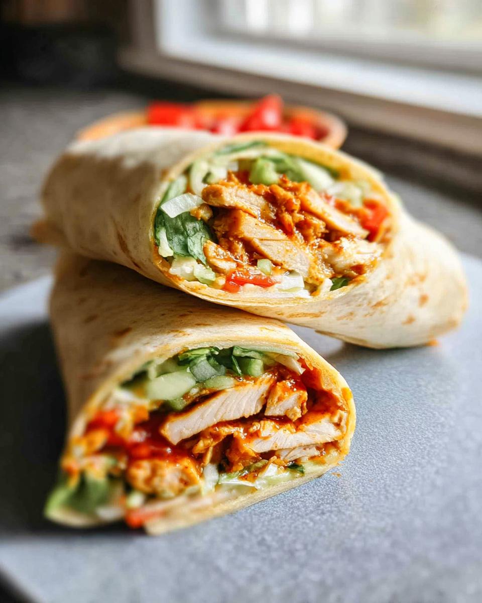 A delicious wrap filled with creamy spinach and eggs, sliced chicken, lettuce, and cucumber.