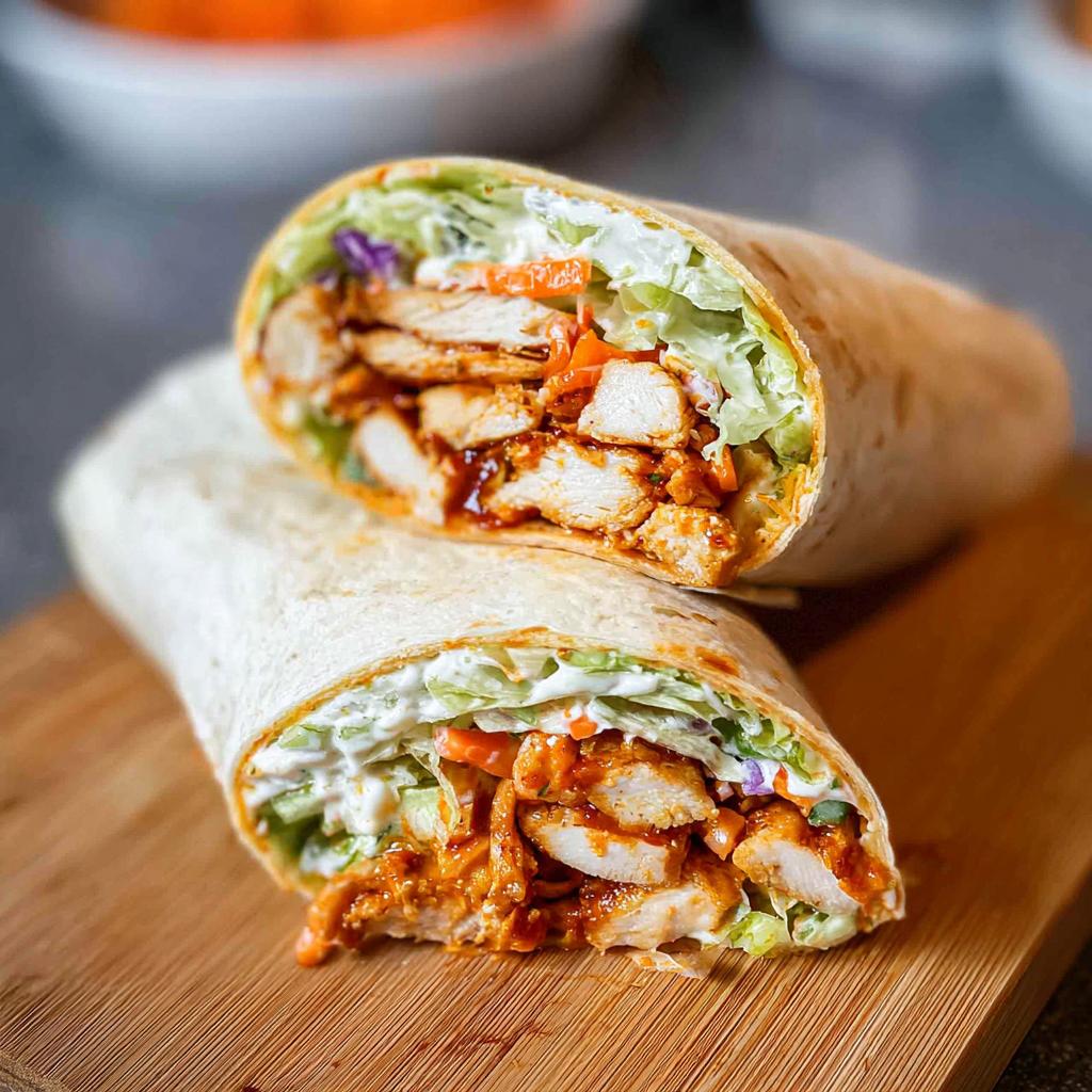 A close-up of a wrap cut in half, revealing creamy spinach and eggs filling with chicken and fresh vegetables.