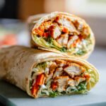 A delicious wrap filled with creamy spinach and eggs, chicken, and fresh vegetables.