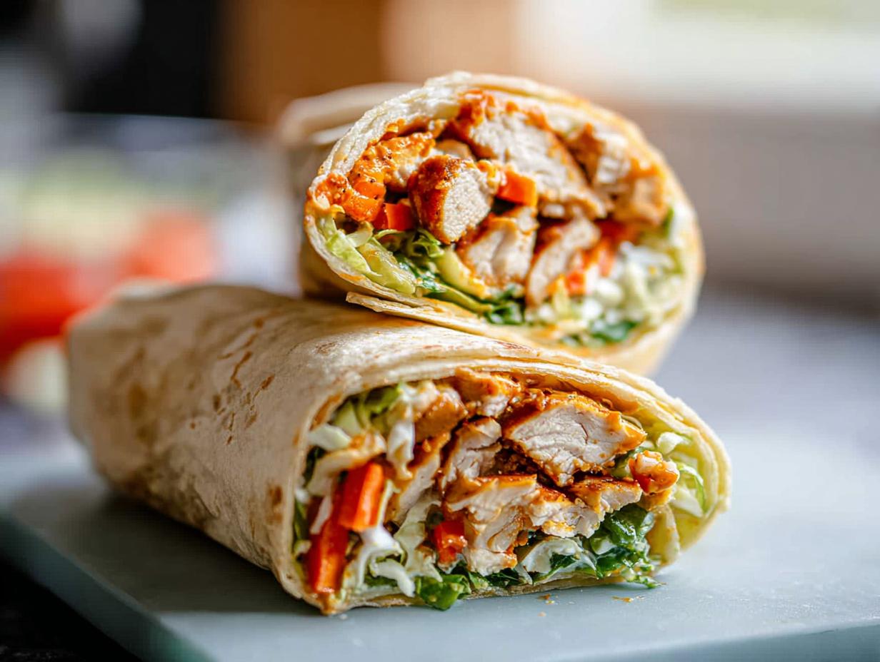 A delicious wrap filled with creamy spinach and eggs, chicken, and fresh vegetables.