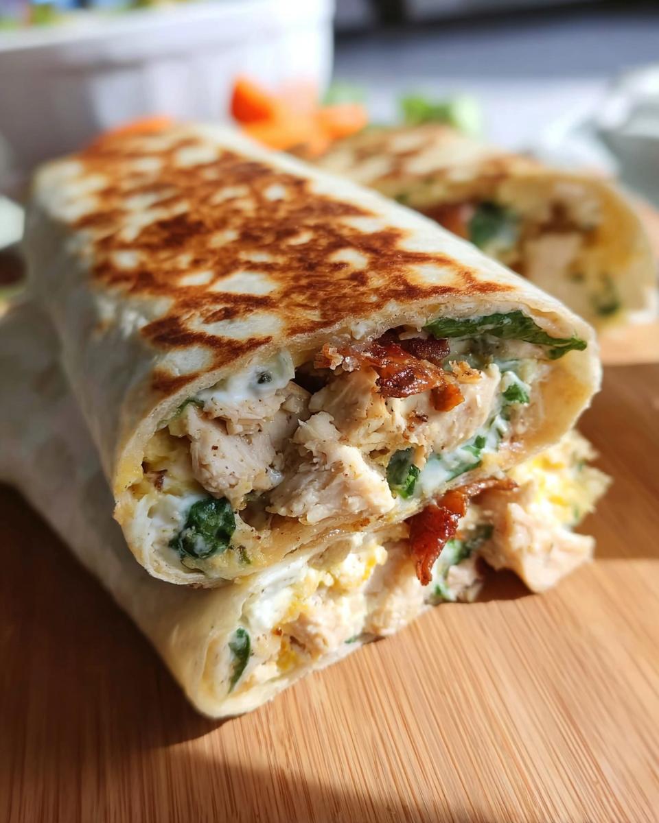 A close-up of a crispy chicken bacon wrap cut in half, revealing chicken, bacon, and greens.