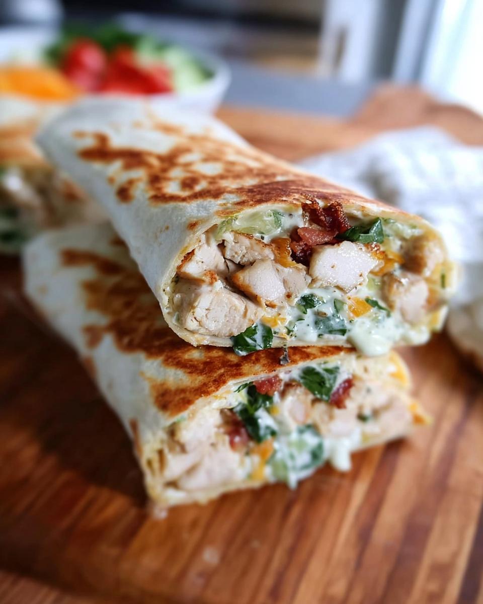 Close-up of a Crispy Chicken Bacon Wrap cut in half, showing tender chicken, crispy bacon, and creamy sauce.