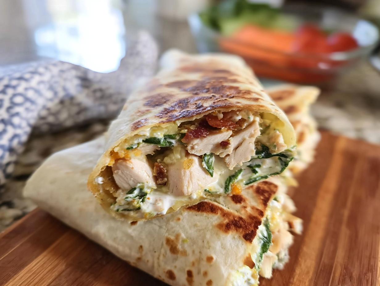 Close-up of a Crispy Chicken Bacon Wrap cut in half, revealing tender chicken, crispy bacon, and creamy spinach filling.