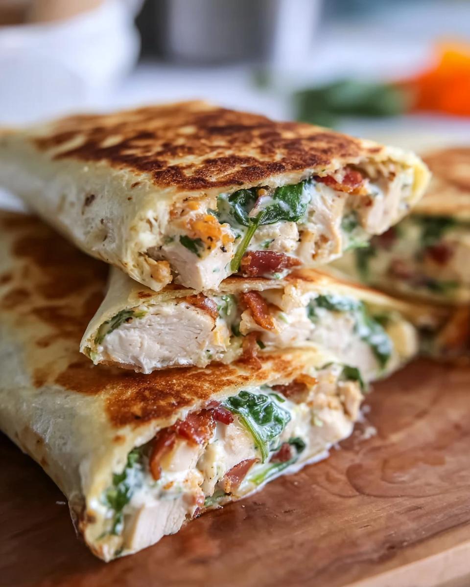 A close-up shot of a Crispy Chicken Bacon Wrap, cut in half to reveal tender chicken, crispy bacon, and fresh spinach.