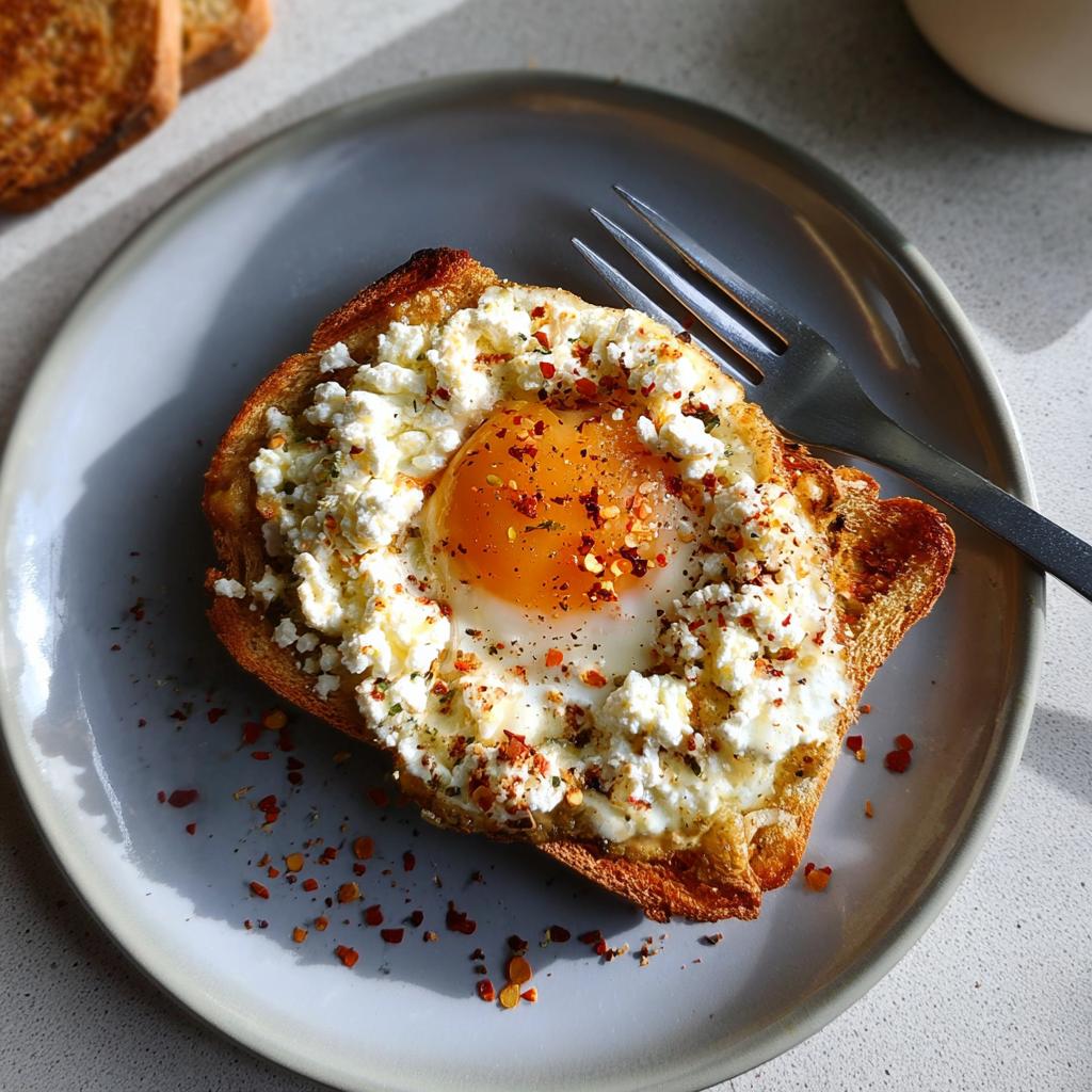 A perfectly cooked egg nestled in a hole cut from toast, surrounded by crumbled feta cheese and red pepper flakes.