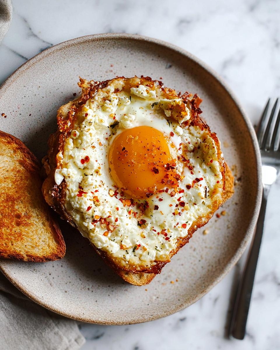 A perfectly cooked crispy feta fried egg served on toast, sprinkled with red pepper flakes.