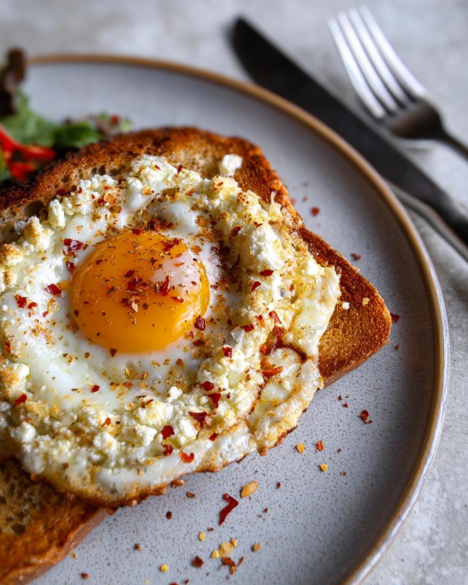 Close-up of crispy feta fried eggs served on toasted bread, sprinkled with chili flakes.