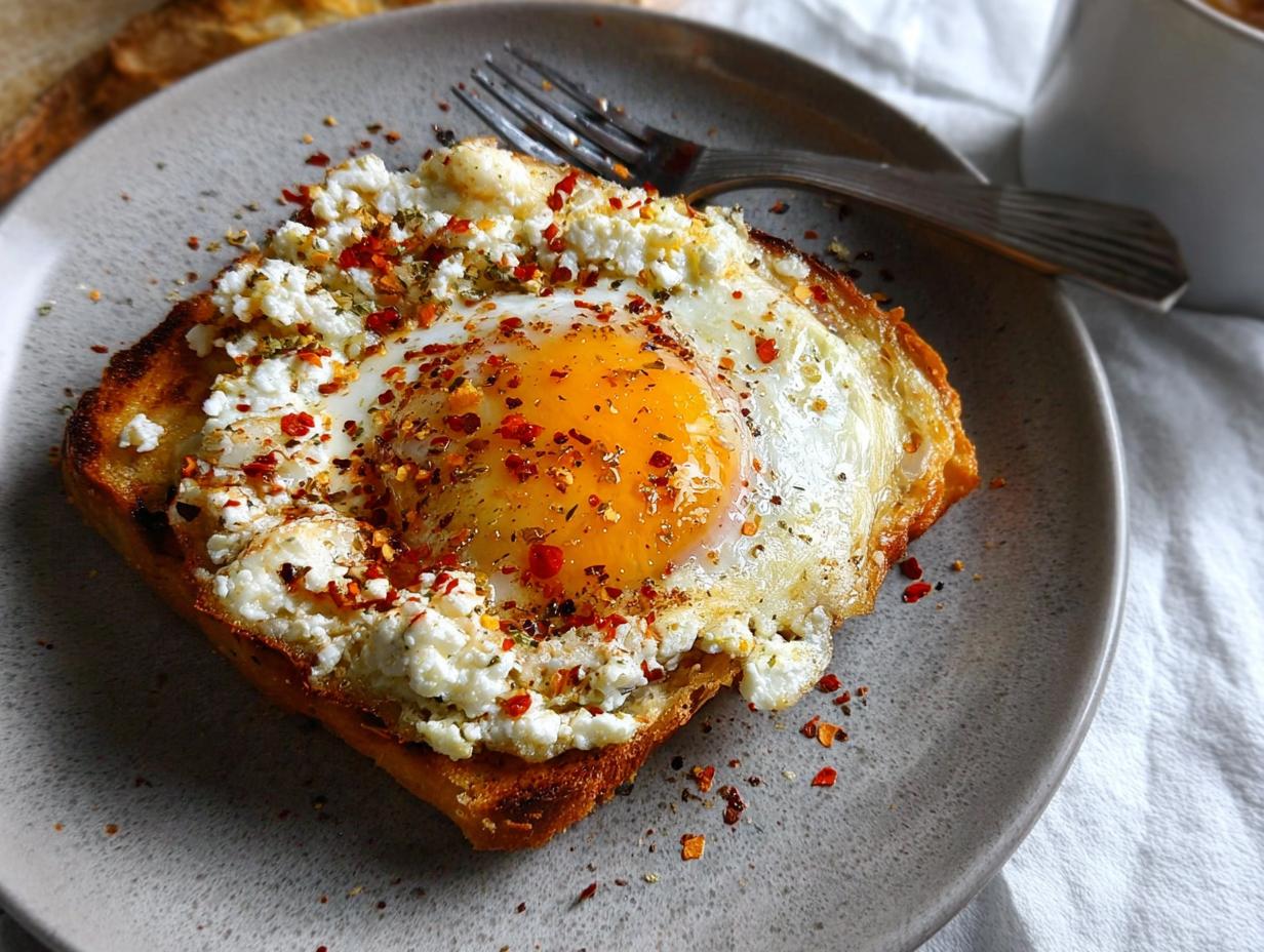 A close-up of crispy feta fried eggs served on toasted bread, sprinkled with chili flakes and herbs.
