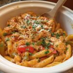 A close-up of Crock Pot Creamy Cajun Chicken Pasta in a serving dish, featuring penne pasta, chicken, and colorful bell peppers in a creamy sauce.