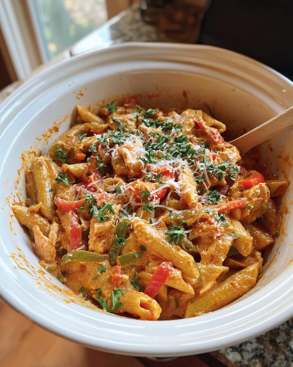 A close-up of Crock Pot Creamy Cajun Chicken Pasta with penne pasta, chicken, bell peppers, and a creamy sauce, garnished with parsley and Parmesan cheese.