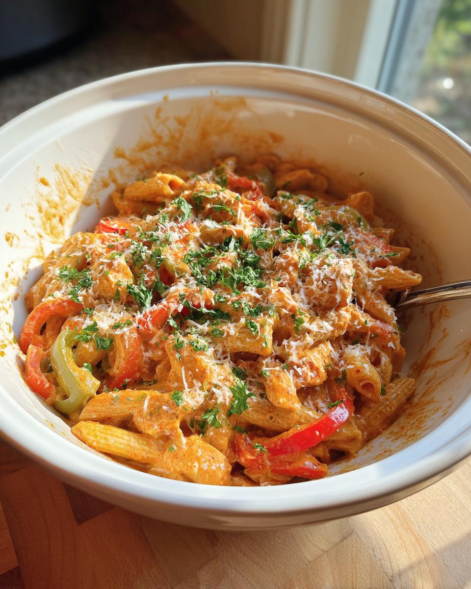 A bowl of Crock Pot Creamy Cajun Chicken Pasta with penne, bell peppers, and a creamy sauce, topped with parsley and cheese.