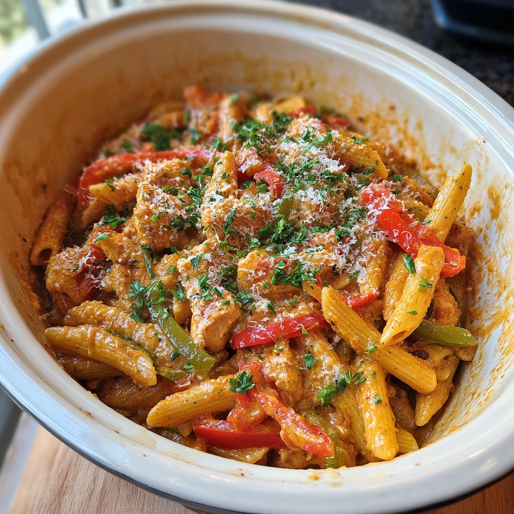 A close-up of Crock Pot Creamy Cajun Chicken Pasta in a serving dish, topped with parmesan and parsley.
