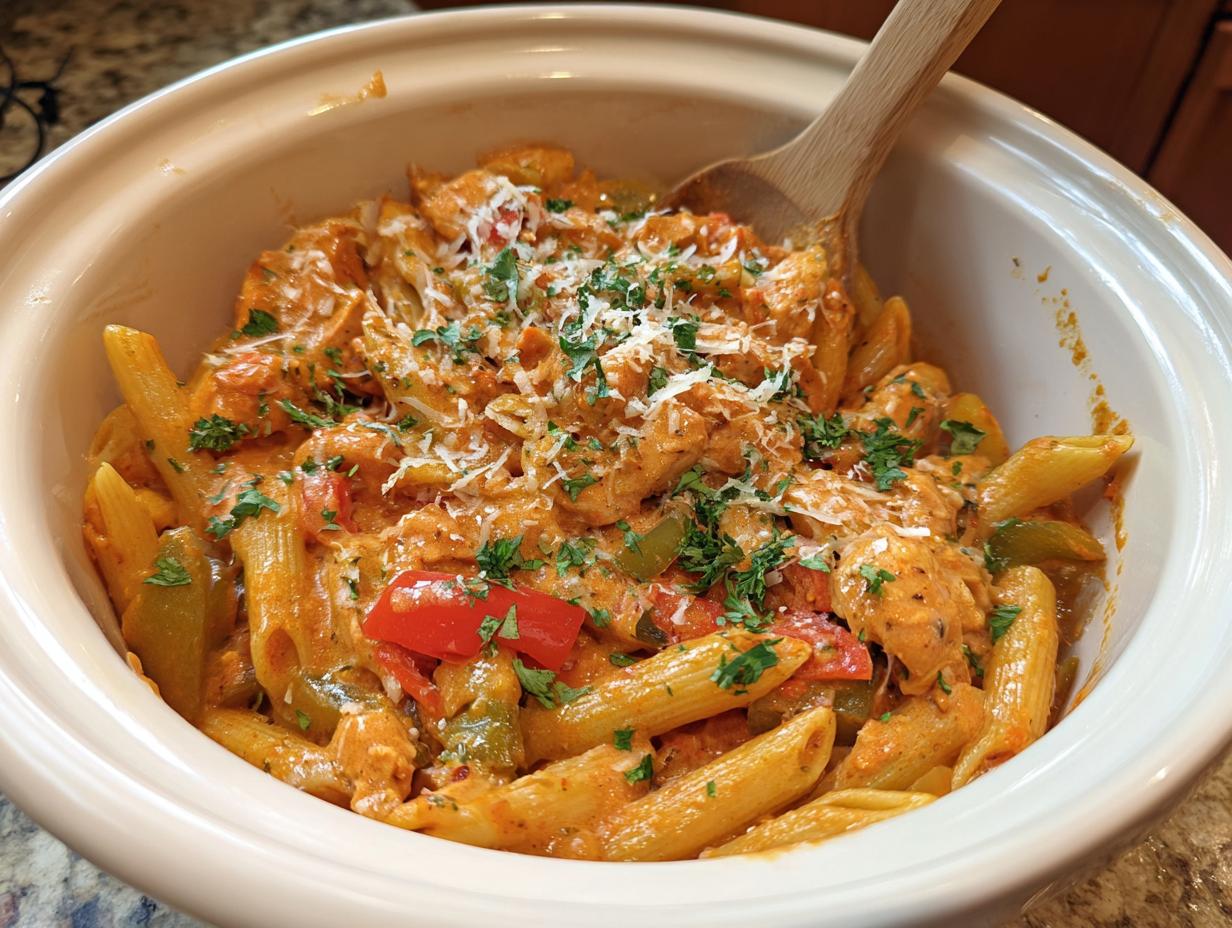A close-up of Crock Pot Creamy Cajun Chicken Pasta in a serving dish, featuring penne pasta, chicken, and colorful bell peppers in a creamy sauce.