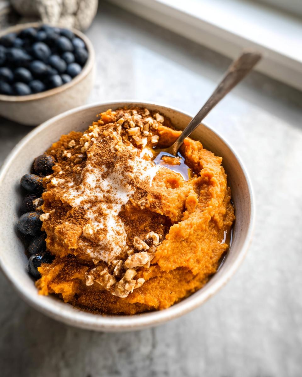 A Delicious Sweet Potato Breakfast Bowl topped with blueberries, walnuts, cinnamon, and a dollop of yogurt.