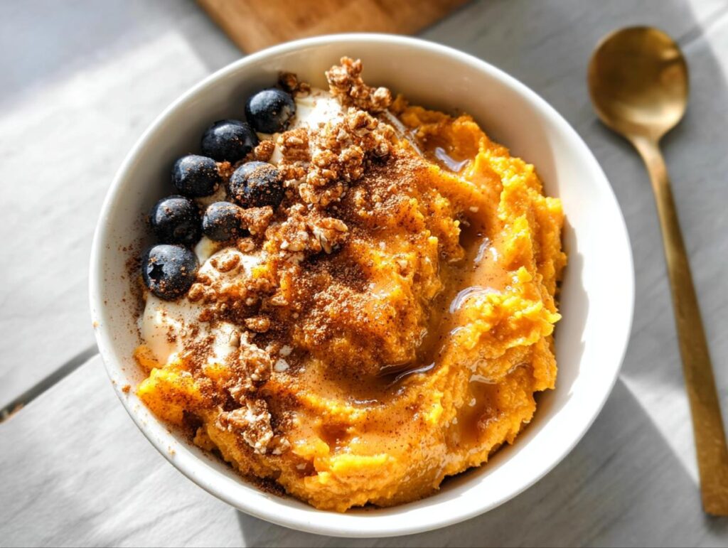 A Delicious Sweet Potato Breakfast Bowl topped with yogurt, blueberries, cinnamon, and nuts.