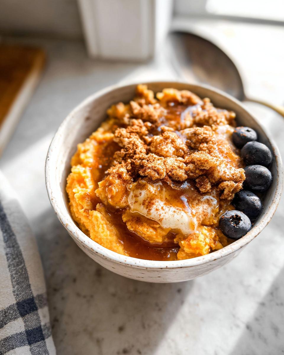 A close-up of a Delicious Sweet Potato Breakfast Bowl topped with a dollop of cream, cinnamon crumble, syrup, and fresh blueberries.