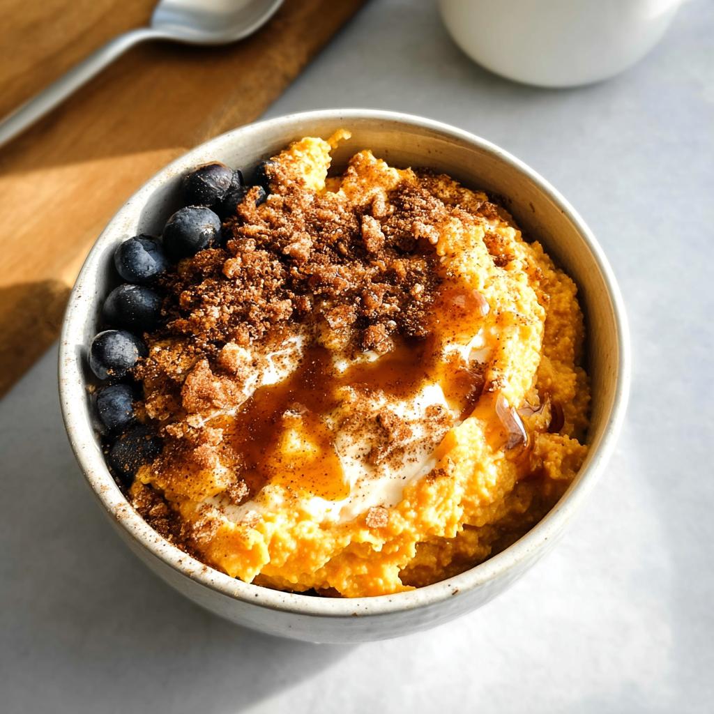 A Delicious Sweet Potato Breakfast Bowl topped with blueberries, yogurt, cinnamon crumble, and syrup.