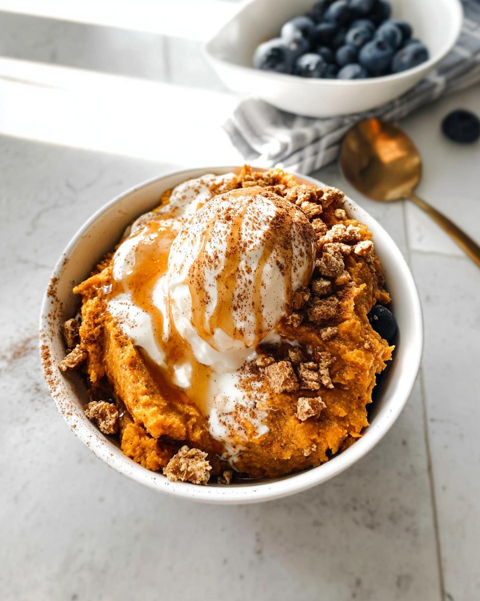 A Delicious Sweet Potato Breakfast Bowl topped with whipped cream, cinnamon, and crunchy granola bits.