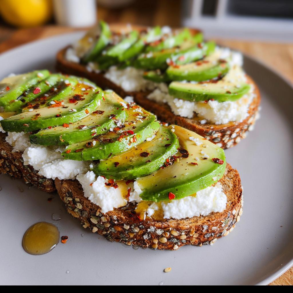 Two slices of EASY Avocado Toast with Cottage Cheese & Honey, topped with fresh avocado slices, red pepper flakes, and a drizzle of honey.