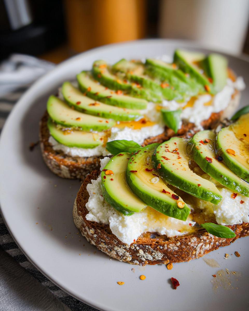 Two slices of EASY Avocado Toast with Cottage Cheese & Honey, topped with fanned avocado slices, chili flakes, and fresh basil.