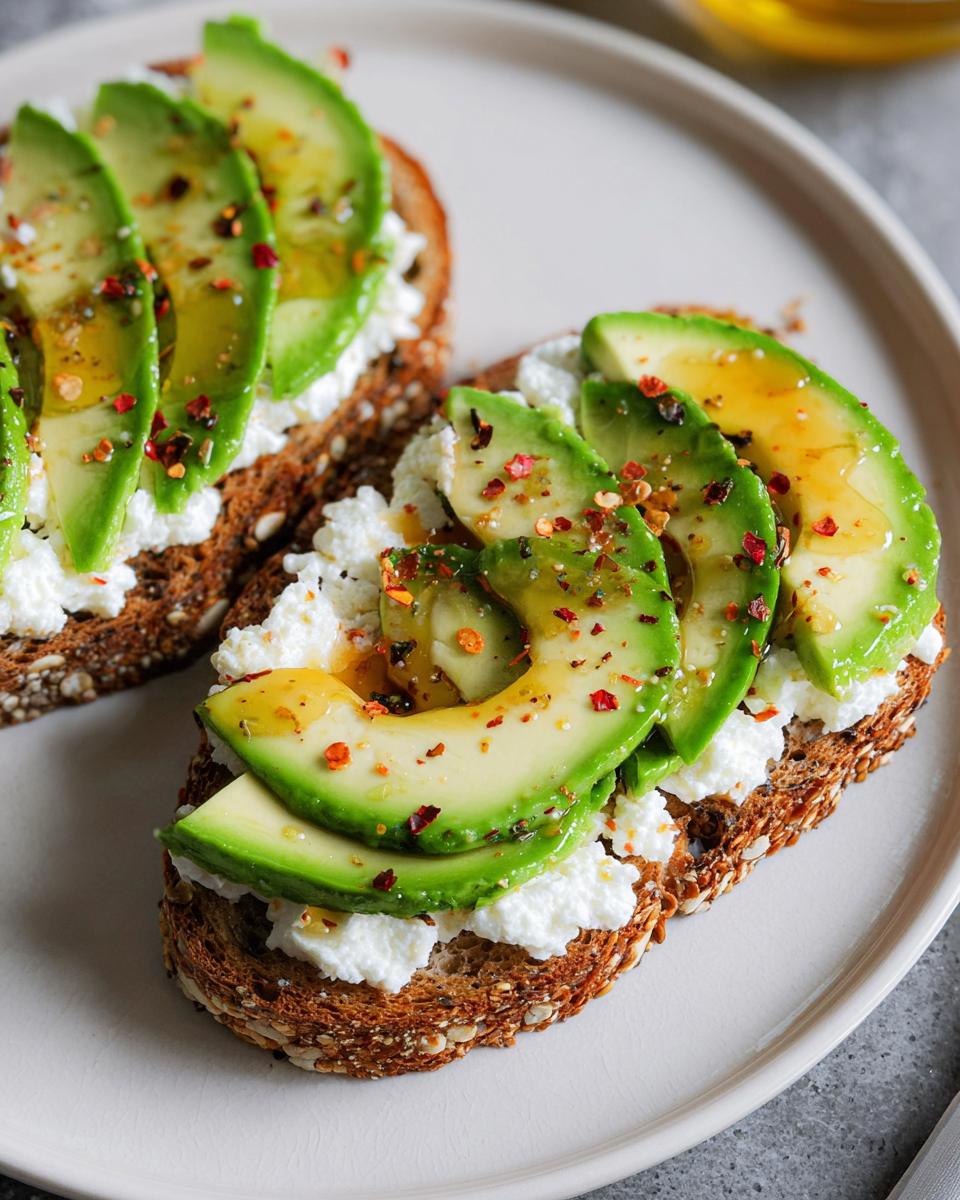 Close-up of EASY Avocado Toast with Cottage Cheese & Honey, topped with sliced avocado, drizzled honey, and red pepper flakes.
