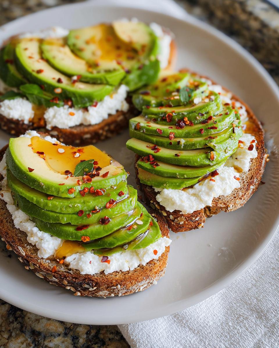 Three slices of EASY Avocado Toast with Cottage Cheese & Honey, topped with chili flakes and fresh mint.