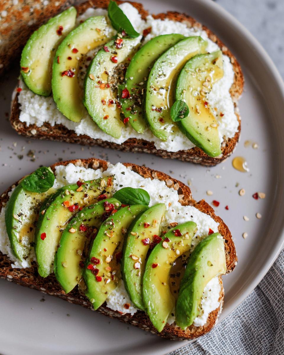 Two slices of EASY Avocado Toast with Cottage Cheese & Honey, topped with fresh avocado slices, chili flakes, and basil.