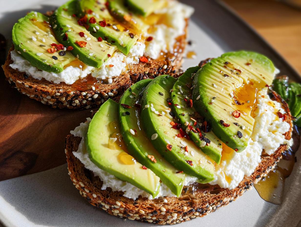 Close-up of EASY Avocado Toast with Cottage Cheese and Honey, topped with chili flakes and sesame seeds.
