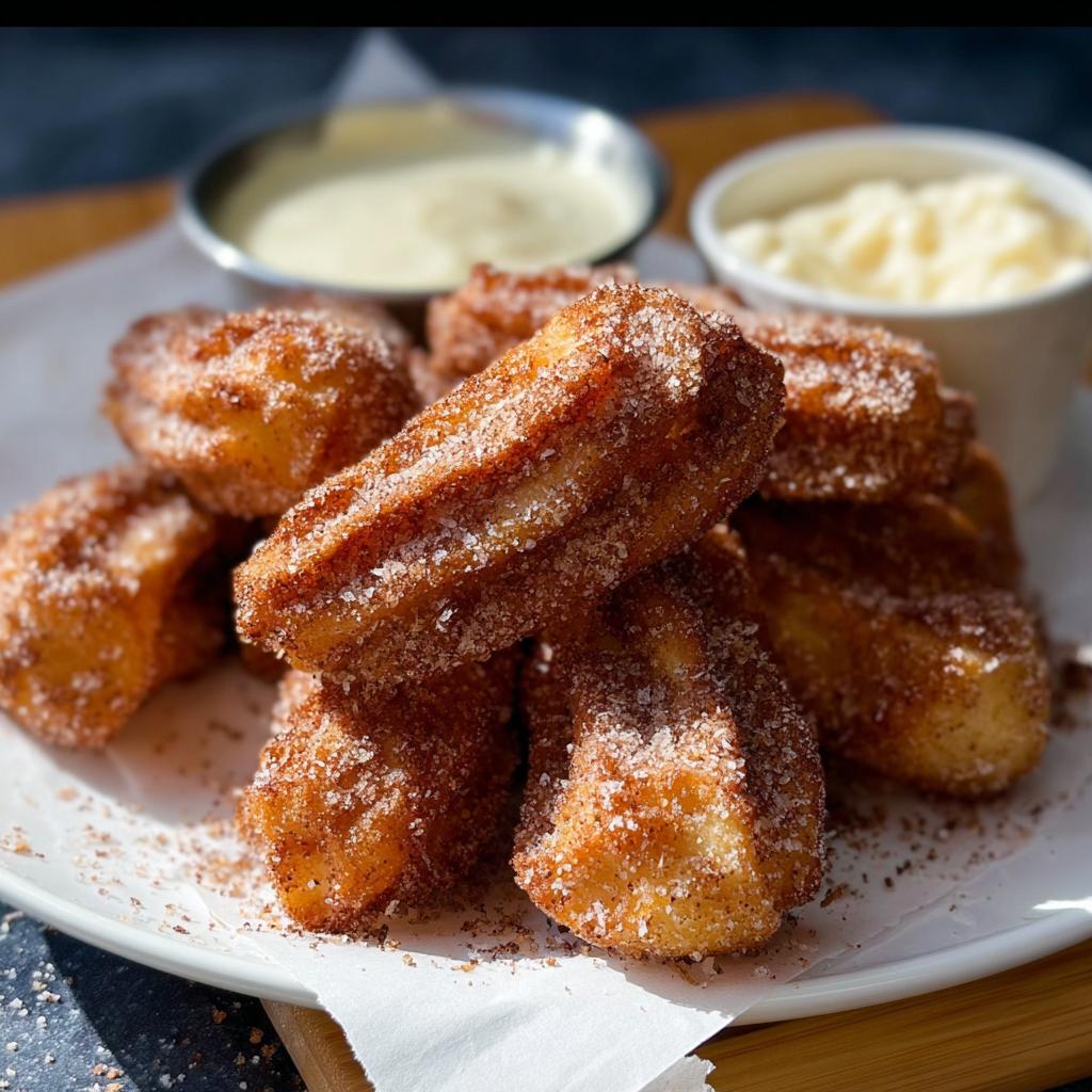 A pile of golden brown Easy Baked Churro Bites coated in cinnamon sugar, served with two dipping sauces.