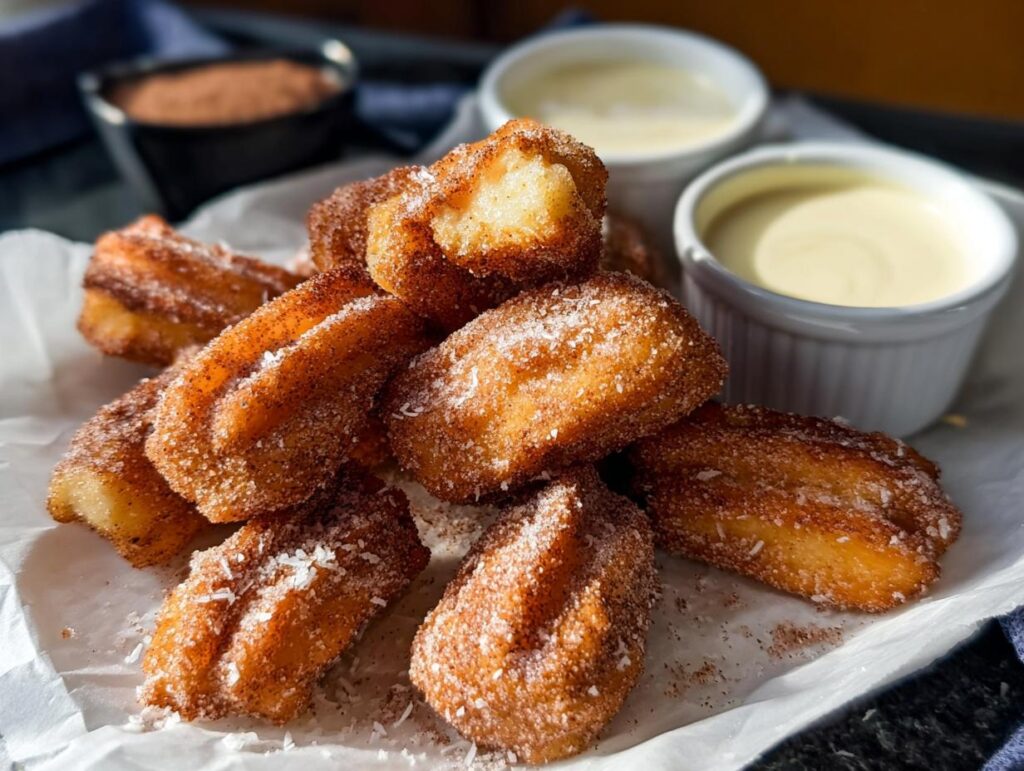 A pile of golden brown Easy Baked Churro Bites coated in cinnamon sugar, served with two dipping sauces.