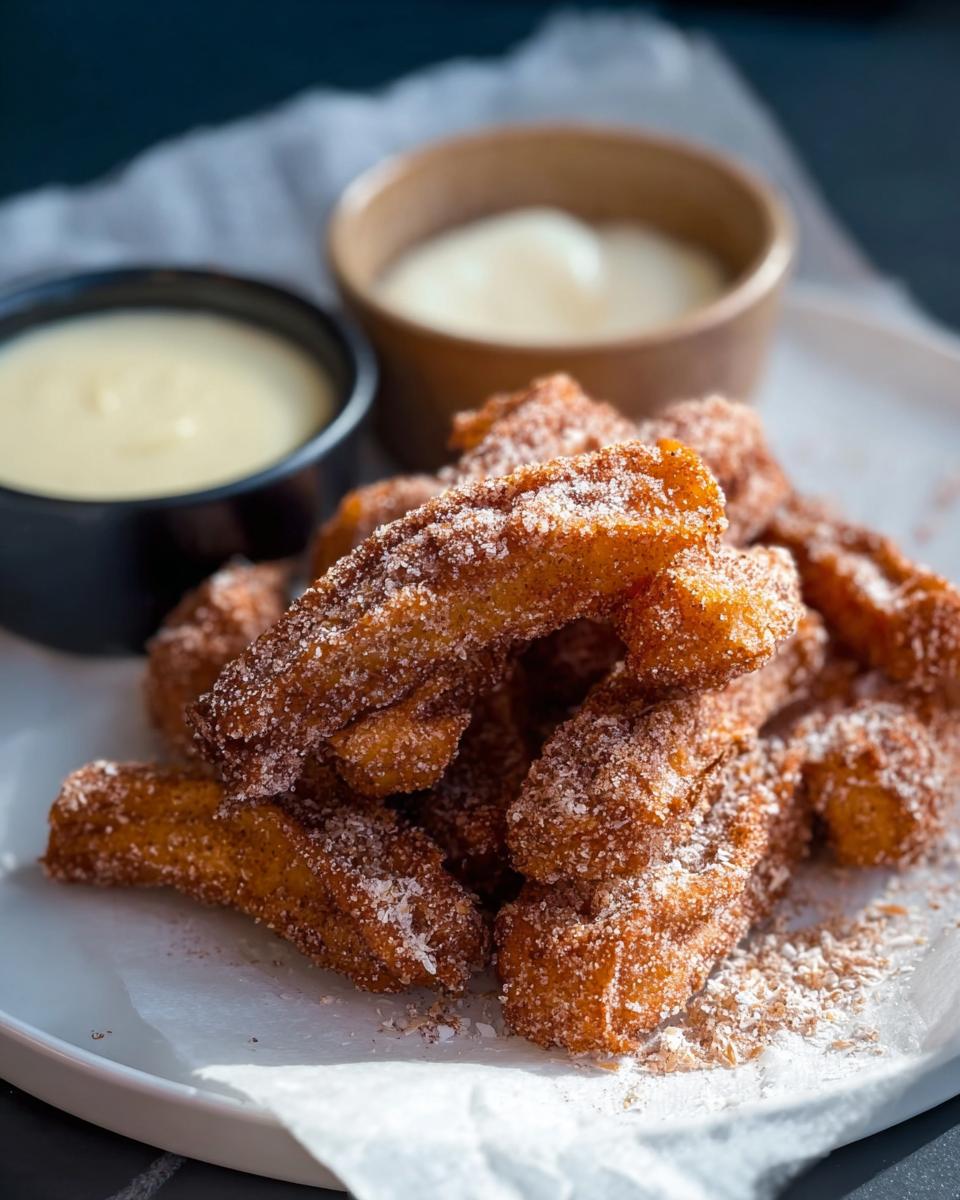 A pile of golden brown Easy Baked Churro Bites coated in cinnamon sugar, served with two dipping sauces.