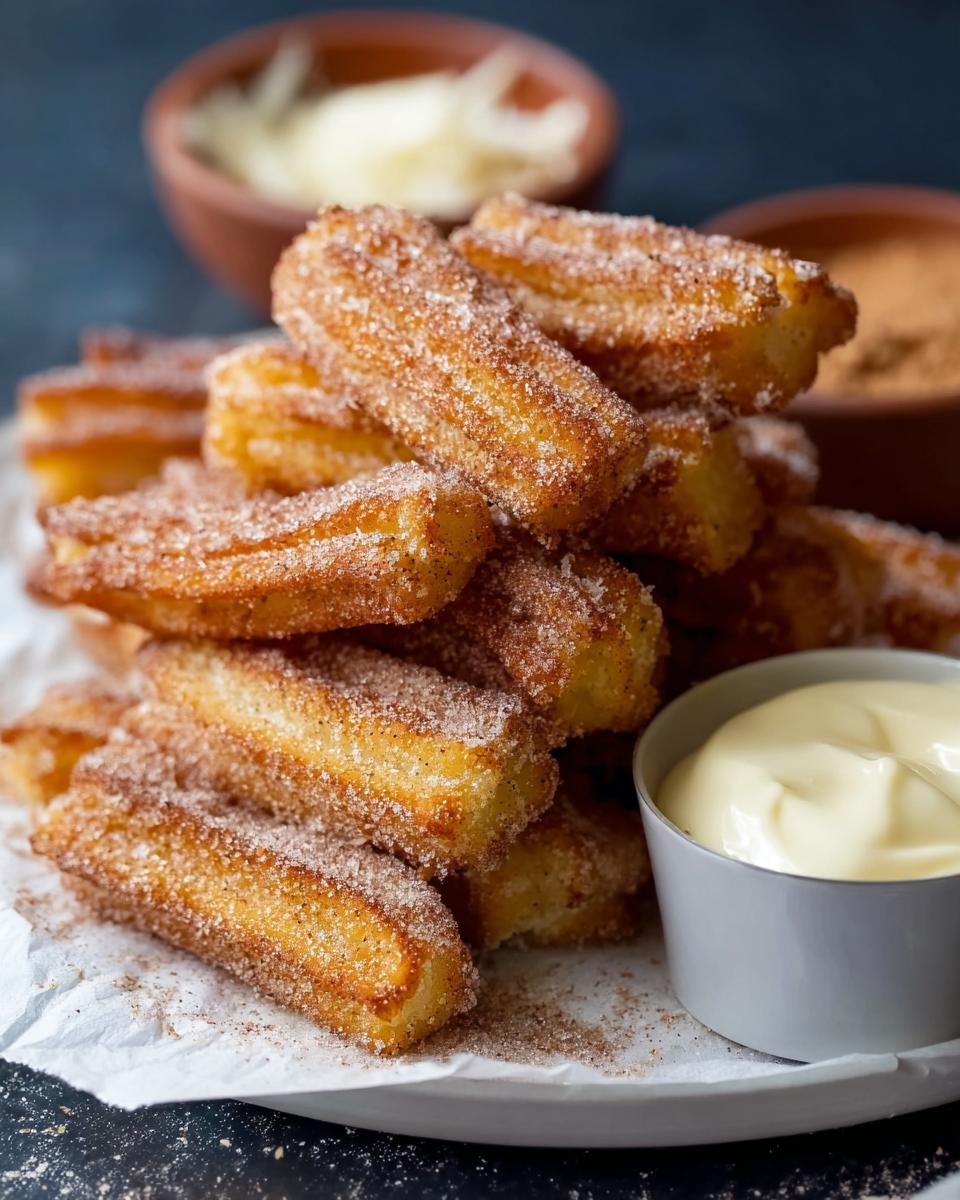 A close-up of a pile of golden brown Easy Baked Churro Bites coated in cinnamon sugar, with a small bowl of vanilla dip.