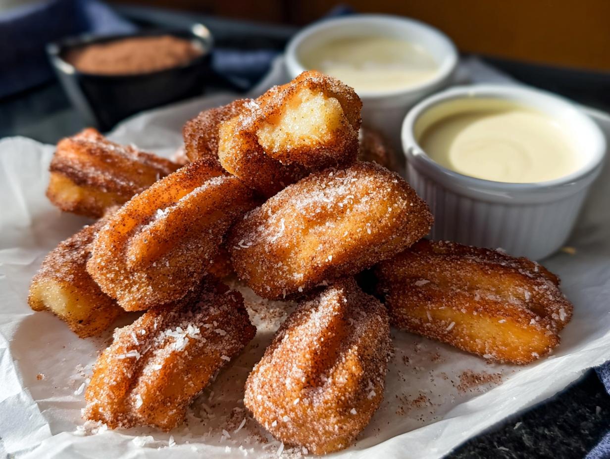 A pile of golden brown Easy Baked Churro Bites coated in cinnamon sugar, served with two dipping sauces.