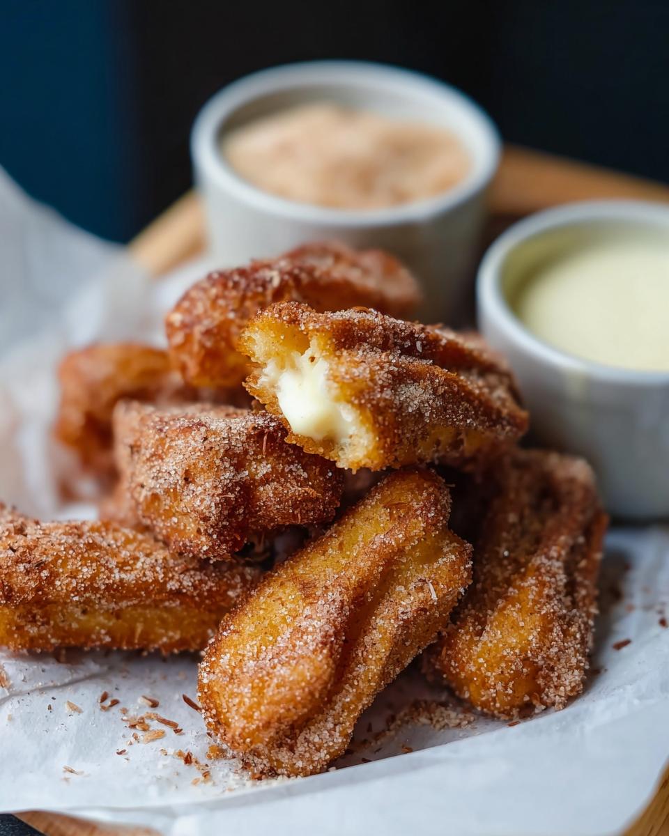 A pile of golden brown Easy Baked Churro Bites, coated in cinnamon sugar, with a creamy filling visible in one bite.