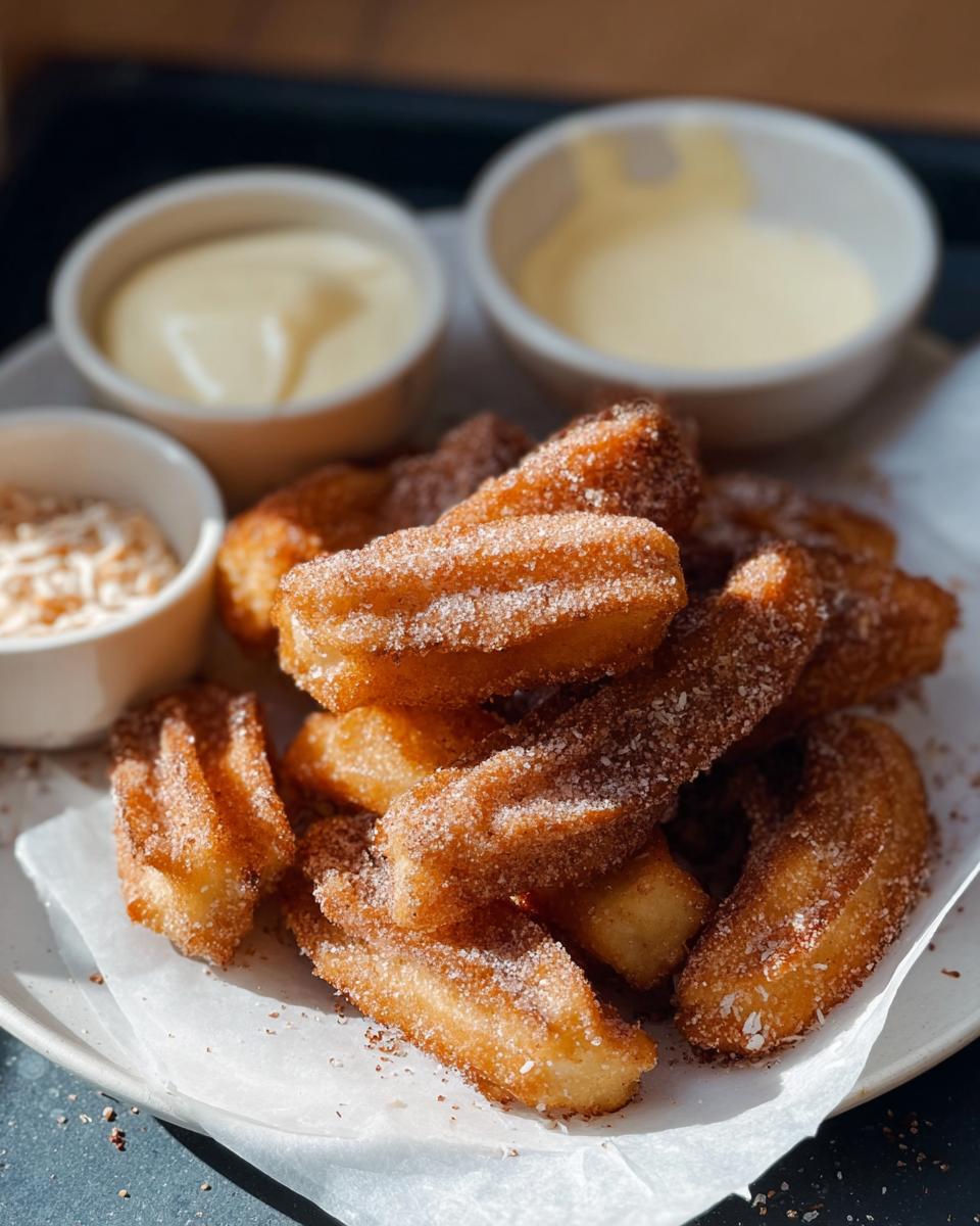 A close-up of a pile of Easy Baked Churro Bites, coated in cinnamon sugar, served with two dipping sauces.