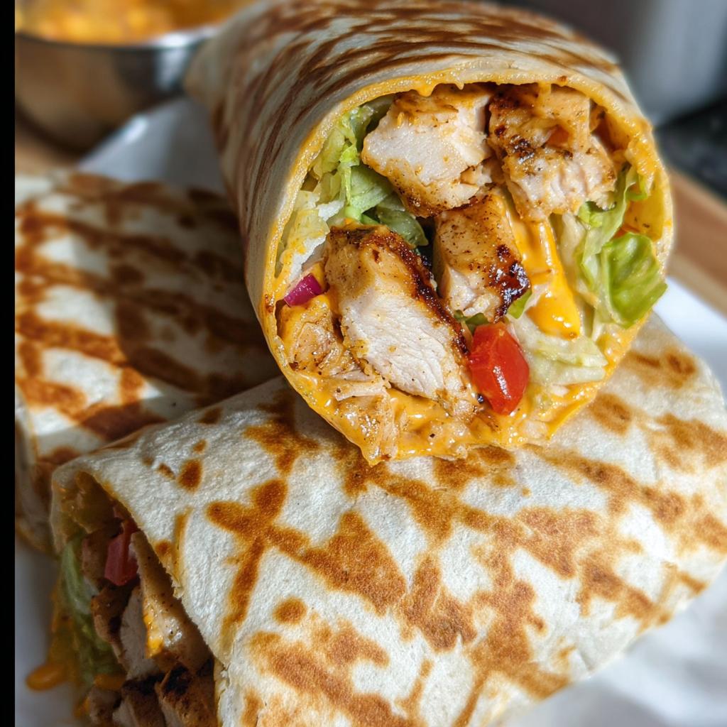 Close-up of an Easy Chipotle Ranch Grilled Chicken Burrito, filled with grilled chicken, lettuce, tomato, onion, and cheese.