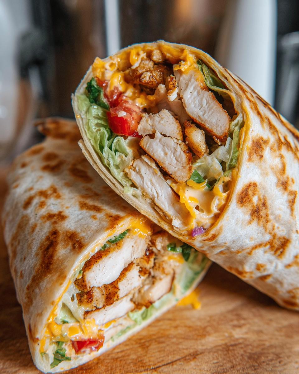 A halved Easy Chipotle Ranch Grilled Chicken Burrito showing grilled chicken, lettuce, tomato, cheese, and sauce.