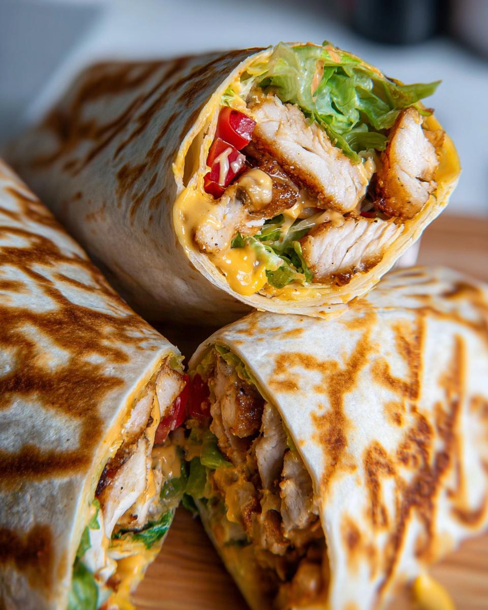 Close-up of an Easy Chipotle Ranch Grilled Chicken Burrito, sliced to reveal seasoned chicken, lettuce, tomatoes, and creamy chipotle ranch sauce.