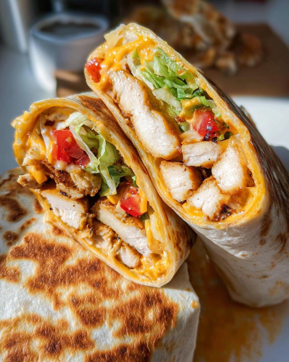 A close-up of an Easy Chipotle Ranch Grilled Chicken Burrito, cut in half, revealing grilled chicken, cheese, lettuce, and tomato.
