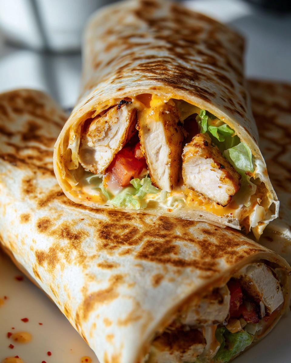 A close-up of an Easy Chipotle Ranch Grilled Chicken Burrito, cut in half to reveal chicken, lettuce, tomato, and cheese.