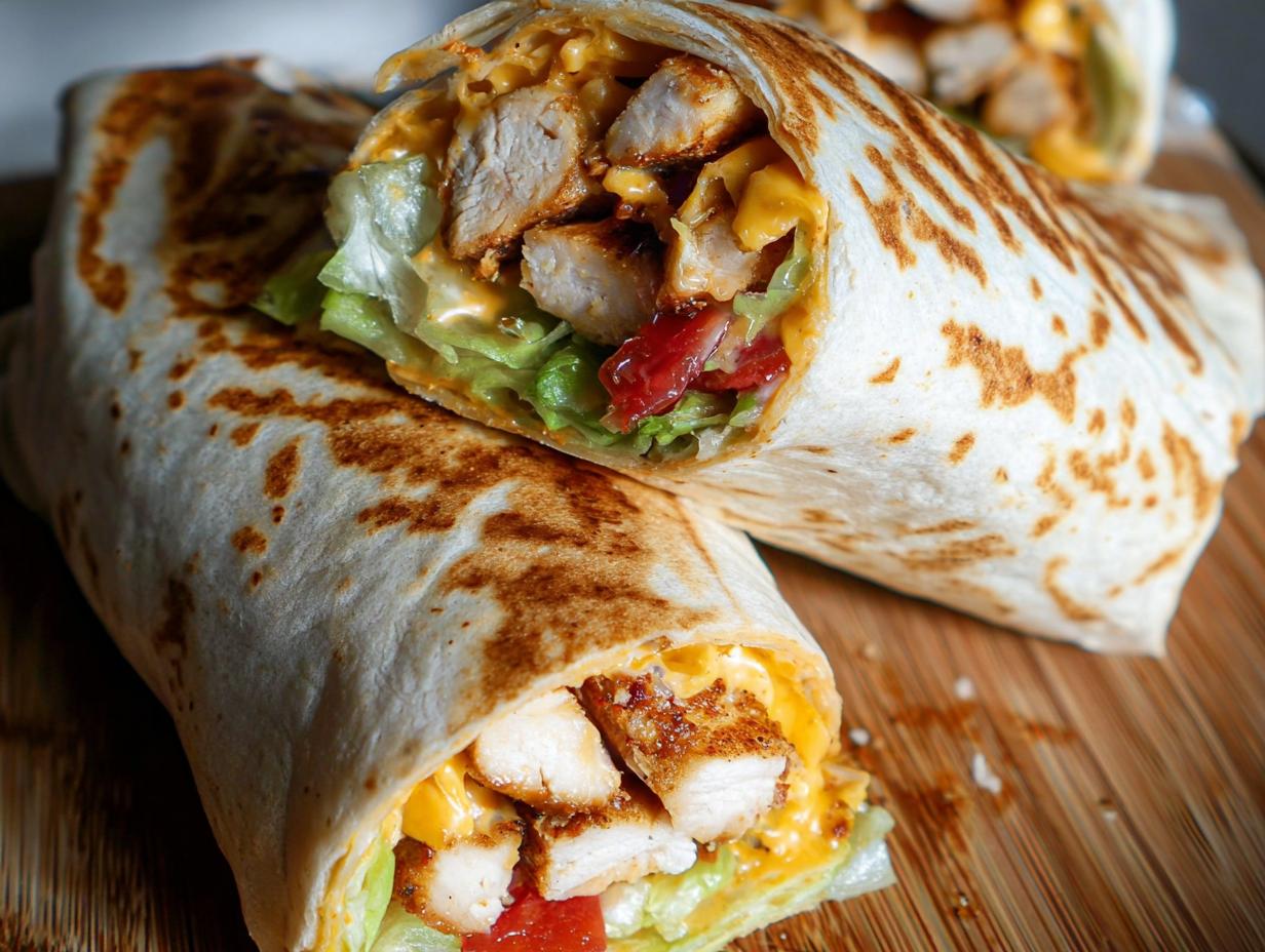 Close-up of an Easy Chipotle Ranch Grilled Chicken Burrito, showing seasoned chicken, lettuce, tomato, and melted cheese inside a tortilla.