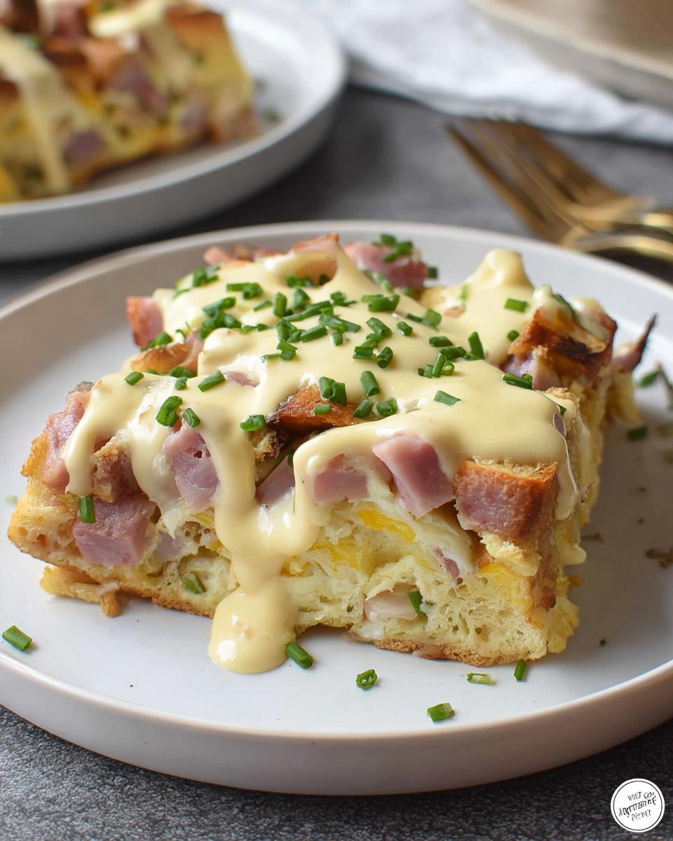 A delicious slice of Easy Eggs Benedict Casserole topped with creamy hollandaise sauce and fresh chives.