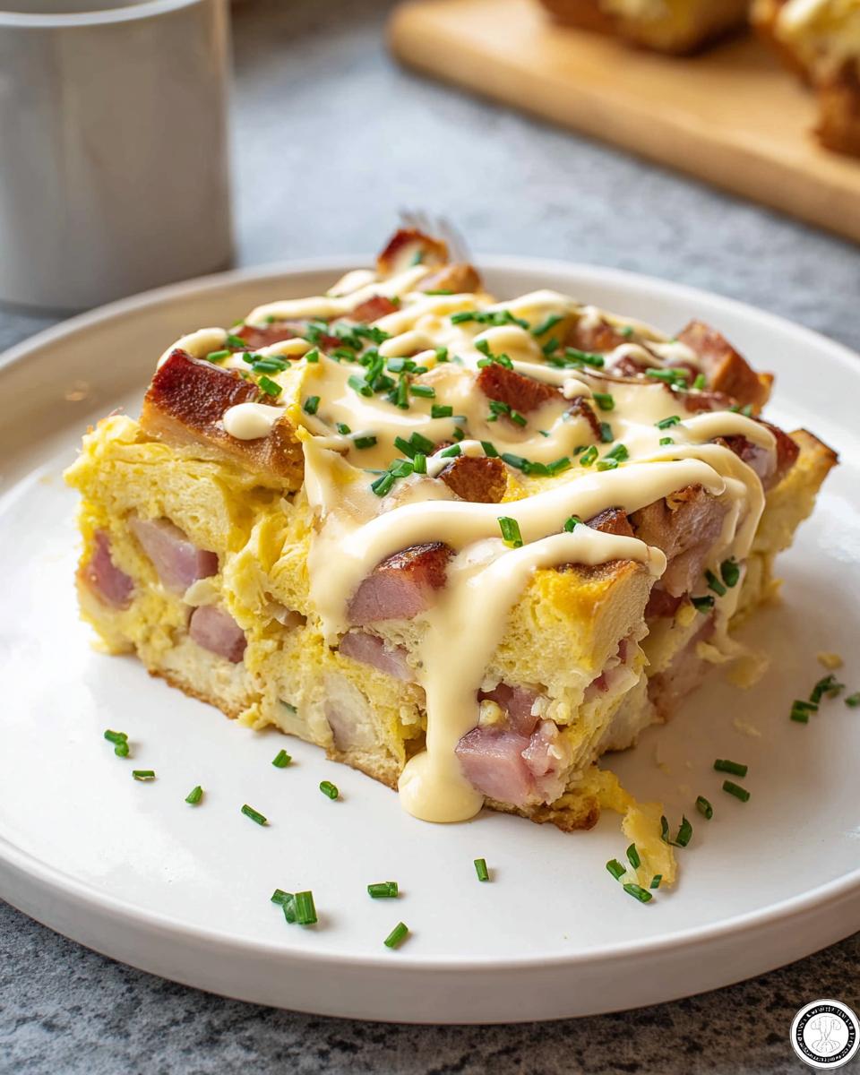 A slice of Easy Eggs Benedict Casserole topped with hollandaise sauce and chives.
