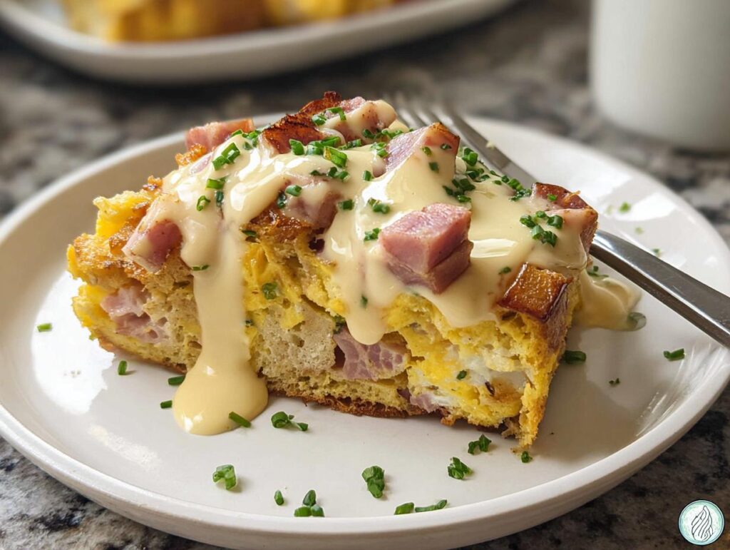 A delicious slice of Easy Eggs Benedict Casserole topped with creamy hollandaise sauce, diced ham, and chives.