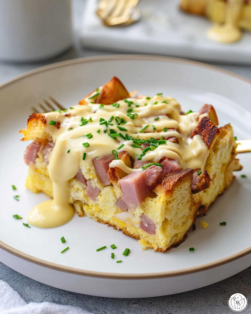 A slice of Easy Eggs Benedict Casserole topped with creamy hollandaise sauce and fresh chives.