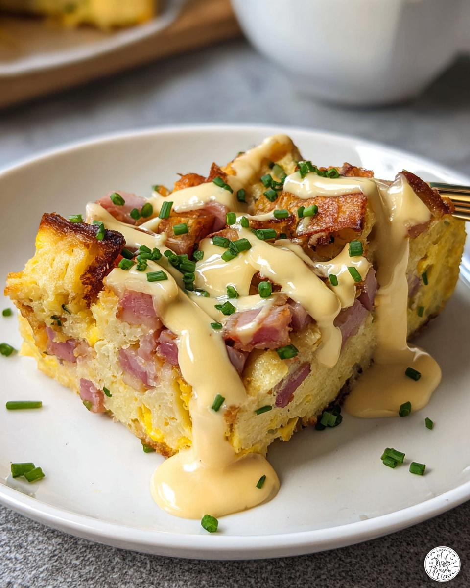 A slice of easy Eggs Benedict Casserole with ham, topped with hollandaise sauce and chives.