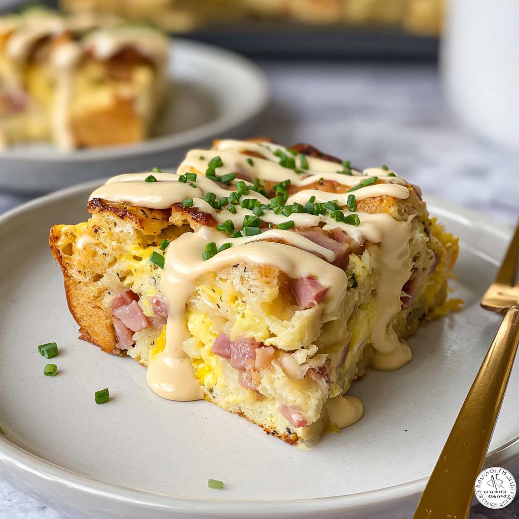 A delicious slice of Easy Eggs Benedict Casserole topped with creamy hollandaise sauce and chives.